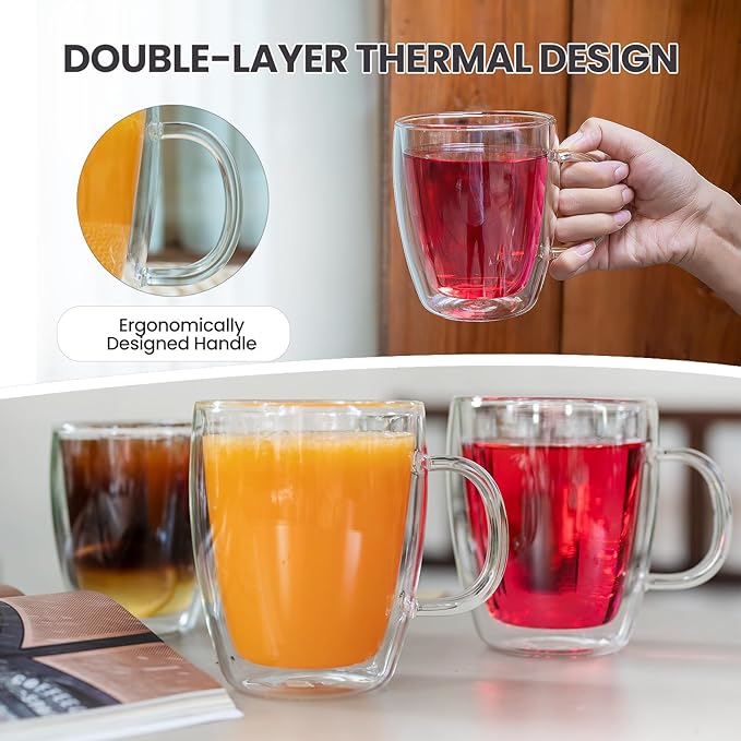 YUNCANG Double Wall Glass Coffee Mugs (4-Pack) - 12 Ounces Clear Glass Coffee Cups with Handle, Insulated, Heat Resistant