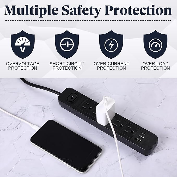 Kanayu 6 Pieces Power Strip Surge Protector with 5 Ac Outlets and 3 USB Ports, Heavy Duty Extension Cords Plug for Home Office Dorm(4.92 ft,Black)