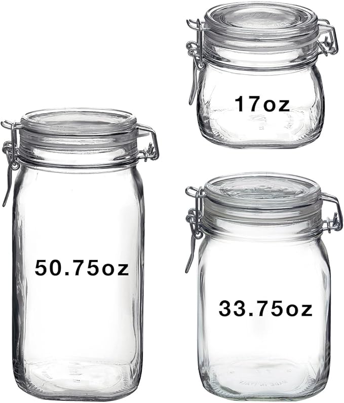 Bormioli Rocco Fido 3-Piece Set Food Storage - Pasta and Cookie Jars - Hermetically Sealed - Retains Freshness - Organizing small (17), medium(33), and large(50) Jars, clear (149740S06021990)