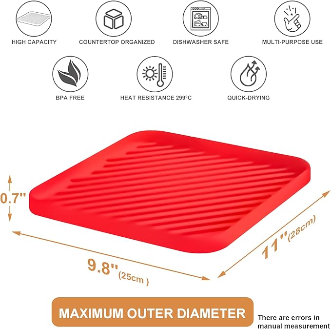 Silicone Organizer Tray for Kitchen Sink and Bathroom, Dishwasher Tray, Versatile Bathroom and Drawer Organizer Trays, Non-Slip Countertop (Red)