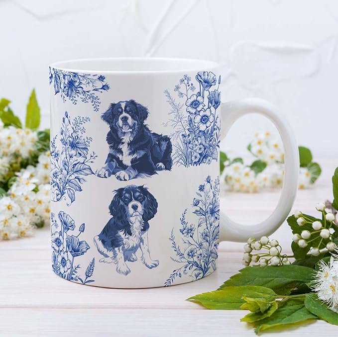 Cavalier King Charles Spaniel with Bernise Mountain Dog Blue French Toile Coffee Mug, Cavalier & Bernise Lover Gifts for Women, Blue Toile Coffee Cup, Birthday Gifts for Dogs Mom, Dog Dad, 11 oz
