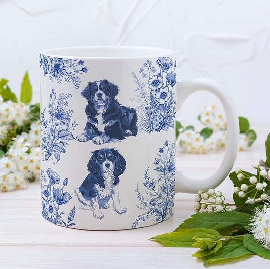Cavalier King Charles Spaniel with Bernise Mountain Dog Blue French Toile Coffee Mug, Cavalier & Bernise Lover Gifts for Women, Blue Toile Coffee Cup, Birthday Gifts for Dogs Mom, Dog Dad, 11 oz