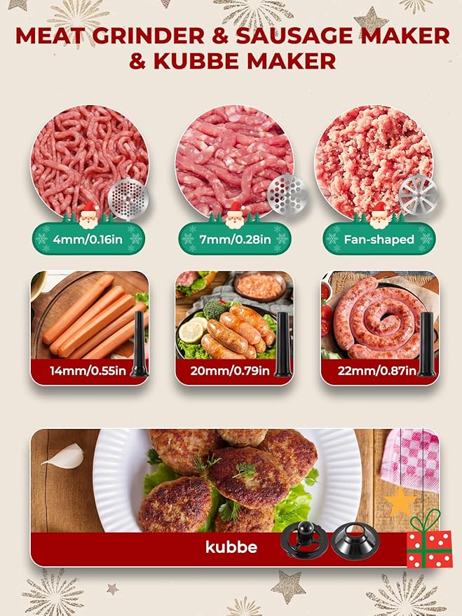 Electric Meat Grinder 3200W Multifunctional Meat Grinders Chopper Machine with Cutting Blade 3 Grinding Plates 3 Sausage Stuffers Kubbe Kit Juicer Cheese Grater Veggie Shredder Slicer