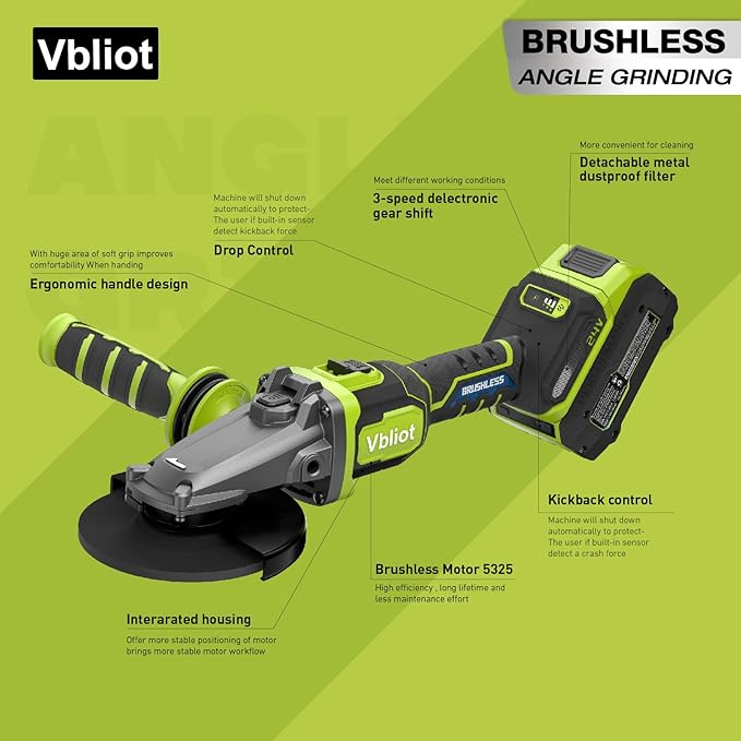 Cordless Angle Grinder 24V, Brushless Power Grinder Tool with 5Ah Battery & 3A Fast Charger, Power Electric Grinders for Cutting Grinding Polishing(AG2402)