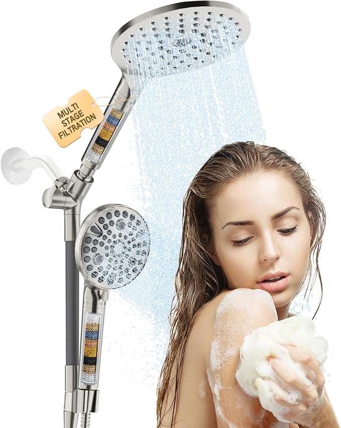 Filtered Rainfall Shower Head with Handheld Spray Combo, Dual Shower Head Combo High Pressure, Double Sprayer Filter Shower Head with Extra Long Hose & Adjustable Shower Arm (Brushed Nickel)