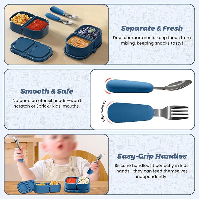 Silicone Snack Containers for Kids (8.5Oz, 2-Compartment)+ Kids Silicone Cutlery Set (Spoon and Fork) - BPA Free, Leak Proof, Great for Toddler/Kid/Adult Meal Prep Containers (blue)