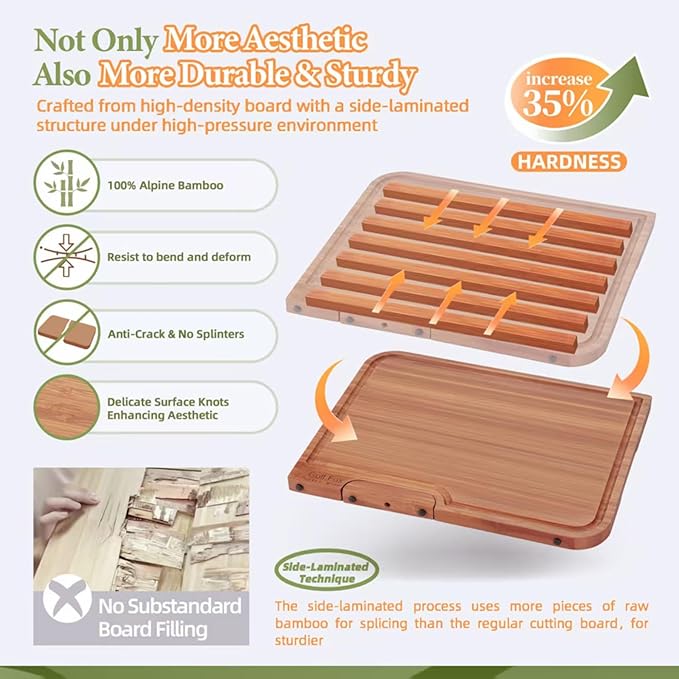 3-PCS Bamboo Cutting Board Set, Wood Cutting Board for Kitchen with Innovative Stand, Juice Groove & Handle, Double Sided for Chopping & Charcuterie Board, Kitchen Gift for Home Cooks, For Meat &Fruit