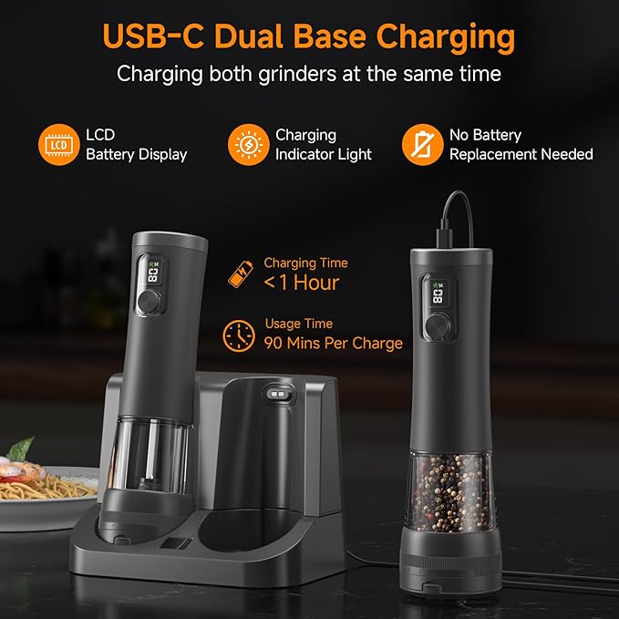 Electric Salt and Pepper Grinder Set,2 Pack Rechargeable Automatic Pepper Mill,with Charging Base,5 Level,Display,LED Lighting,Large Capacity,Kitchen Gift (2, Black, Charging Base)