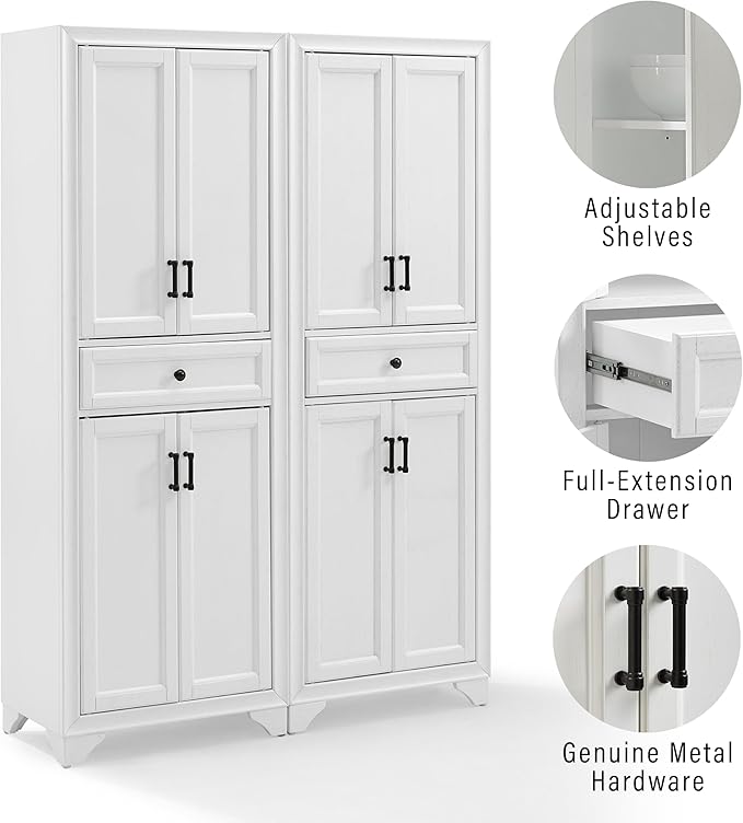 Crosley Furniture Tara 2-Piece Pantry Storage Cabinet Set with Shelves, Kitchen, Dining, or Laundry Room, Distressed White