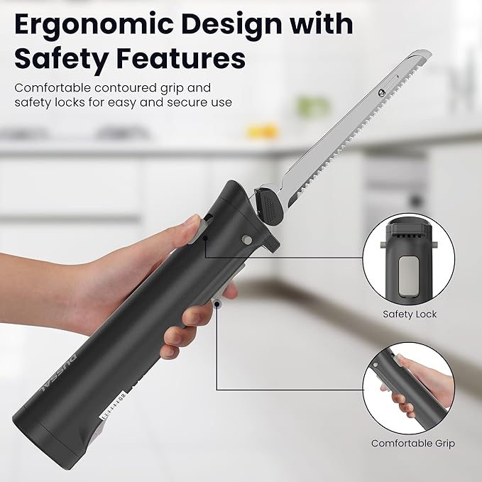 DUSSAL Cordless Electric Knife, Electric Bread Knife with 4 Stainless Steel Blades, Safety Lock Switch, Blade Release Buttons, On/Off button, Cutting Meats, Fish, Poultry, Bread, Cheese & More (Black)