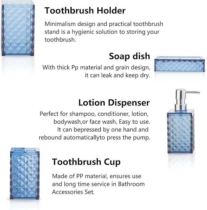 Bathroom Accessories Set 4-Piece Plastic Gift Set with Toothbrush Holder, Toothbrush Cup, Soap Dispenser, Soap Dish(Dark Blue)