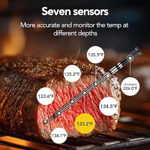 WiFi Sub-1G Wireless Meat Thermometer Unlimited Range with Digital Smart Base 7 NIST Certified Sensors with Ambient Temp Monitor for BBQ, Grill,Oven, Smoker (1, Purple, Small)