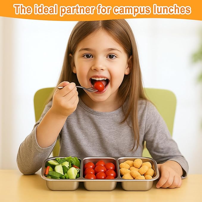 2Pack Stainless Steel Snack Containers for Kids & Adults, Reusable 3 Compartment Snack Containers with Lids, Leak Proof Metal Lunch Box, Stackable bento Box for Home, School and Travel