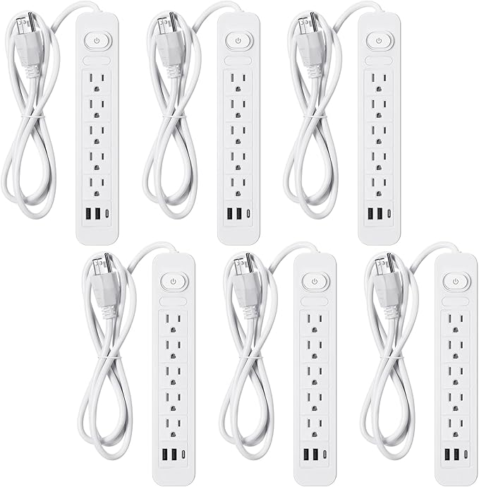 Kanayu 6 Pieces Power Strip Surge Protector with 5 Ac Outlets and 3 USB Ports, Heavy Duty Extension Cords Plug for Home Office Dorm(4.92 ft,White)