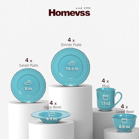 20pc Dinnerware Set, Plate and Bowl Set, Stoneware Dishes Set for 4, Microwave and Dishwahser Safe, Scratch Resistant, French Countryside Speckled Turquoise