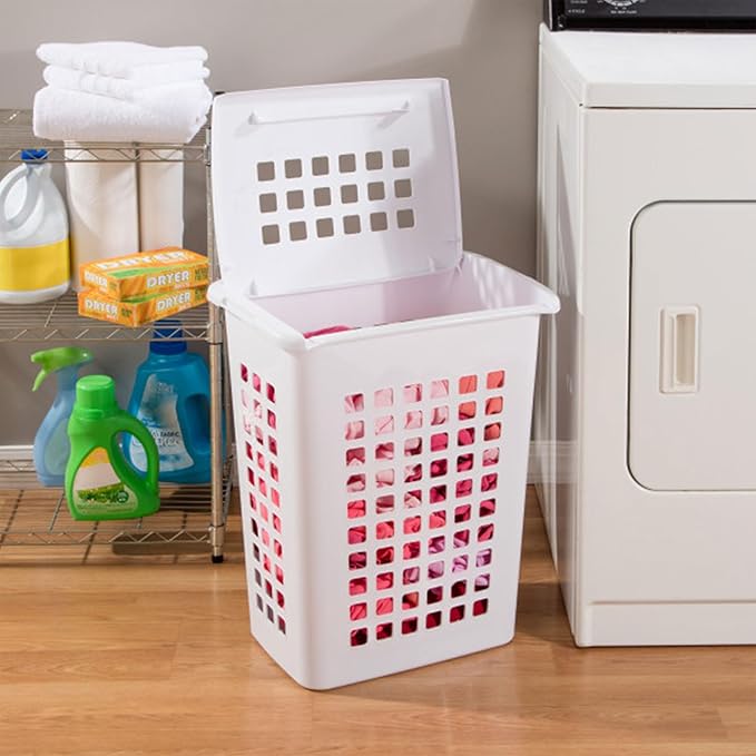 Sterilite Rectangular LiftTop Laundry Hamper with Lid, Handles to Easily Carry Clothes Between the Laundry Room and Bedroom, Plastic, White, 8-Pack