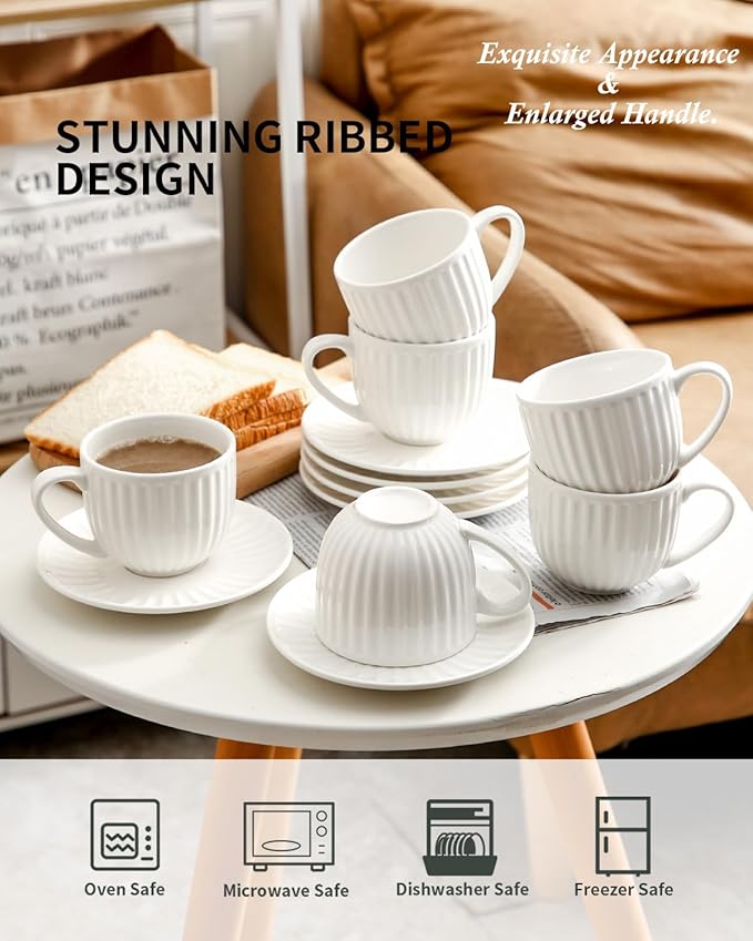 Hasense Ceramic Cappuccino Cups and Saucers - 8 Oz, Large Ribbed Latte Cups Set of 6 for Coffee,Tea,Latte and Macchiato, Demitasse Cups Set Aesthetic Gifty, White