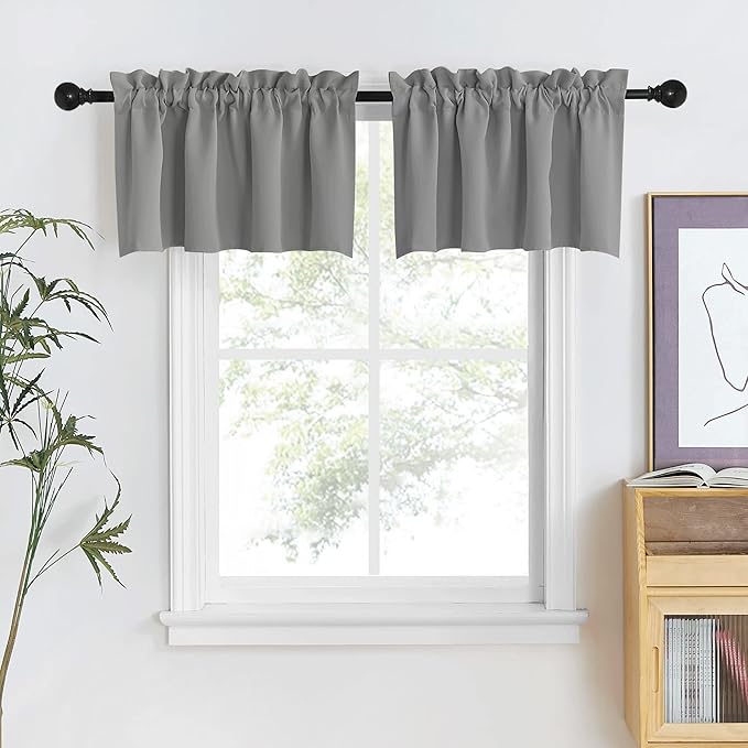 NICETOWN Blackout Valances for Kitchen Rod Pocket Thermal Insulated Window Tiers Adjustable Length Short Curtain for Small Window Bathroom, 42 x 18 Inches + 1.6 inches Header, 2 Panels, Sliver Grey