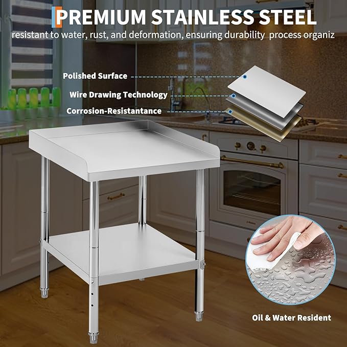 24x28x30 in Stainless Steel Equipment Grill Stand Table 400 LBS Capacity NSF Certified with Adjustable Legs, 2 in Edge Baffle, for Hotel, Home, Commercial Restaurant Kitchen