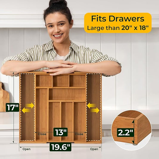 6-Piece Bamboo Drawer Organizer Set, 2.2" Deep Multi-Use Organizers for Utensils, Silverware, Cutlery, Desk, Bathroom, Junk Drawer & Makeup, Non-Slip Feet Included.