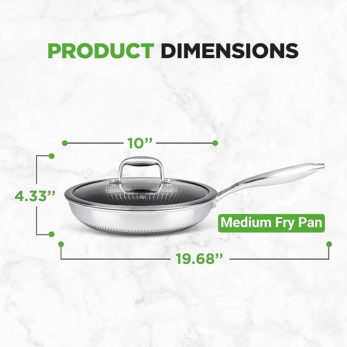 NutriChef 10" Stainless Steel Frying Pan - Triply Kitchenware Stir Fry Pan Kitchen Cookware w/DAKIN Etching Non-Stick Coating, Scratch-resistant Raised-up Honeycomb Fire Textured Pattern NC3PL10