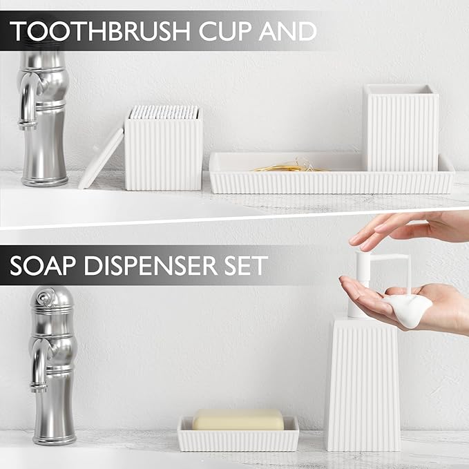 Bathroom Set - White Bathroom Accessories Set, 5PCS Ceramic Bathroom Accessory Set, Bathroom Sets with Soap Dispenser, Toothbrush Tumbler, Soap Dish, Q-tip Holder & Vanity Tray