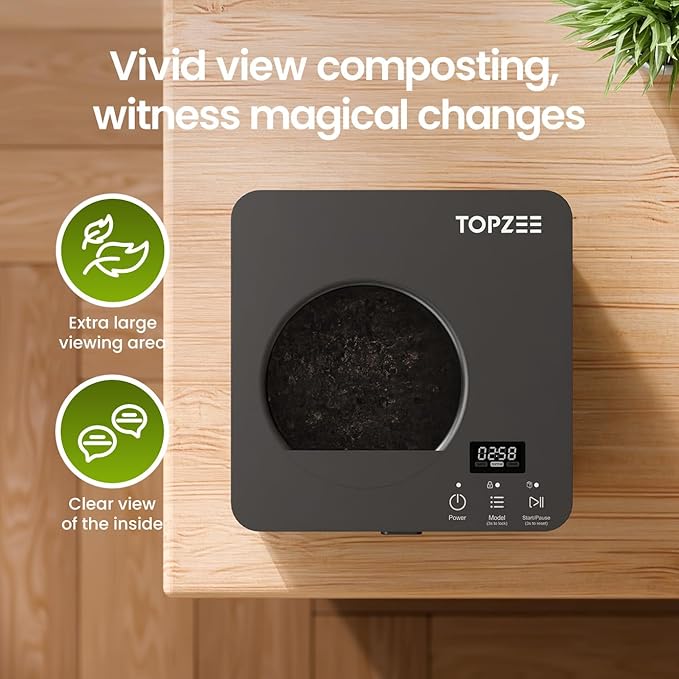 TOPZEE Electric Compost Bin for Kitchen - 3L Countertop Composter with Odorless Auto-Cleaning, Turns Food Waste to Fertilizer in 4 Hours, for Indoor Home Use, Black