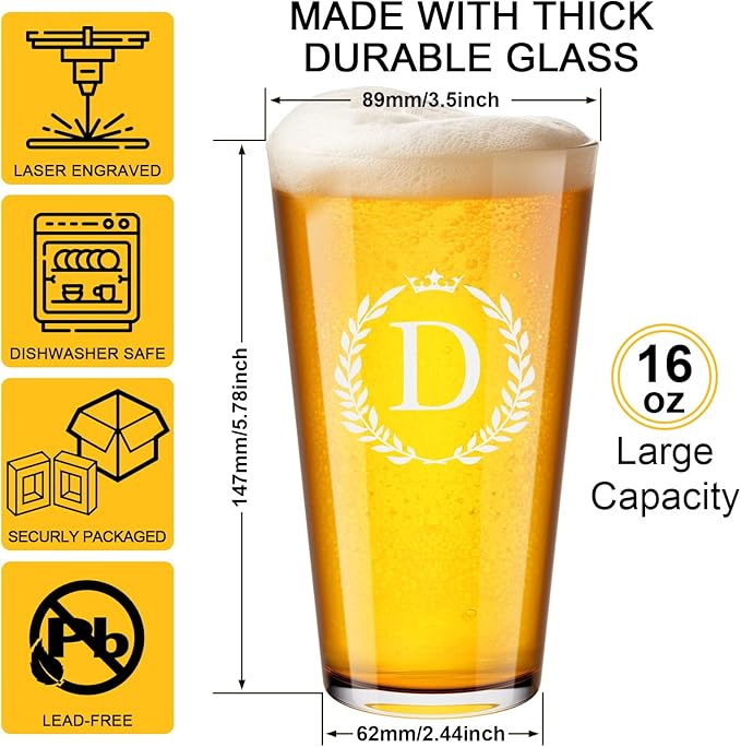 Personalized Beer Glasses Gifts for Men, 16 oz Pint Glasses Monogrammed A-Z Drinking Glass Cups Customized Gift, Unique Christmas Anniversary Birthday Gifts for Men Him Dad Brother Husband Grandpa (D)