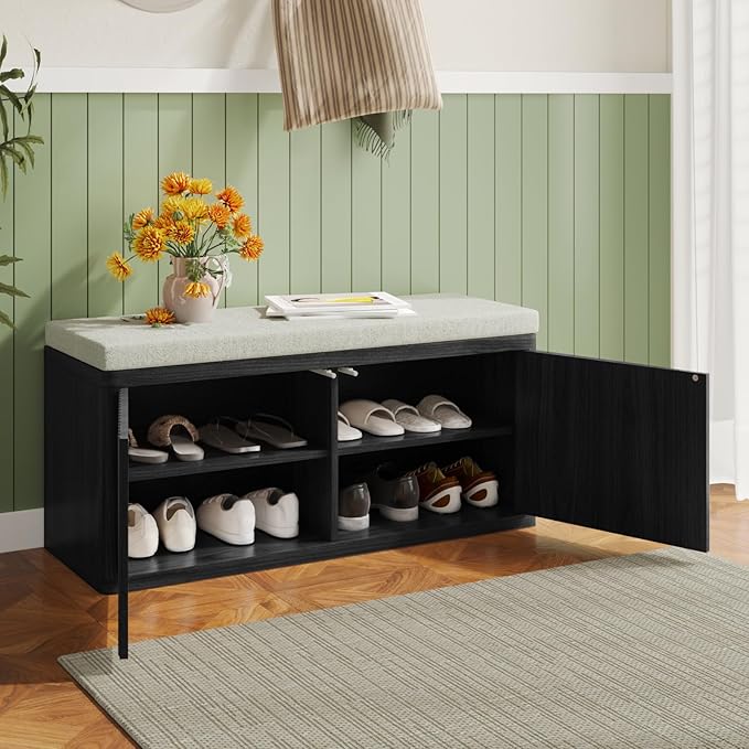 Entryway Shoe Storage Bench with 2" Cushion, 37.4" Small Bench with Shoe Rack, Cabinet Organizer for Hallway，Bedroom End of Bed, Black