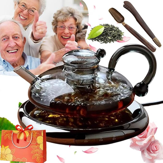 2026 Upgrade - 24 OZ Luxury Glass Teapot with Warmer,Automatic Electric Kettle with Tea Infuser,Teapot and Cup Set with Warmer,New Year Christmas Gift for Tea Lovers (Gray set)