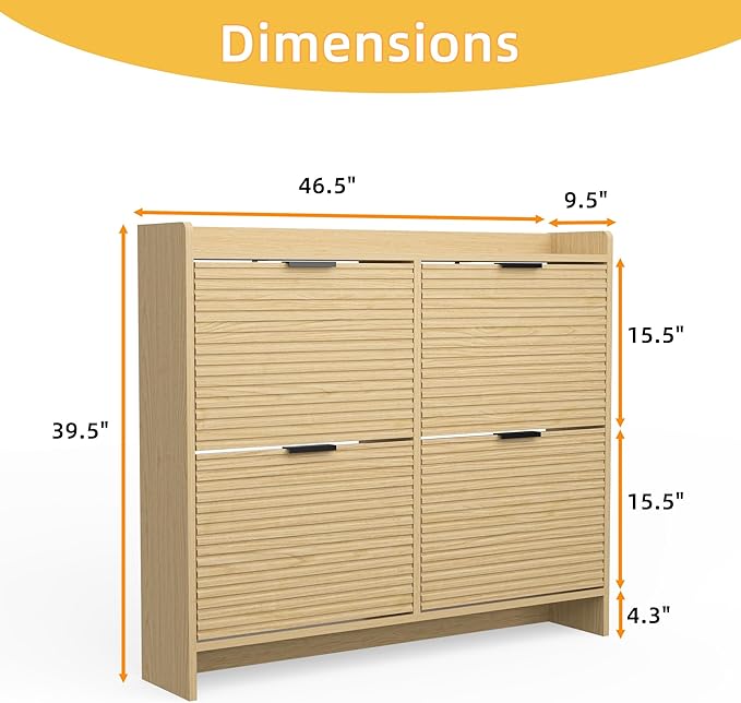 Large Shoe Storage Cabinet with 4 Flip Drawers, Wood Freestanding Shoe Organizer for Entryway Hidden Narrow Shoe Rack Cabinet, Nature Oak