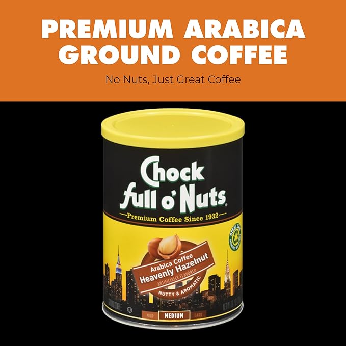 Chock Full o’Nuts Heavenly Hazelnut Ground Coffee (10.2 Oz. Can) – Arabica Coffee Beans – Aromatic and Smooth with a Rich, Nutty Flavor