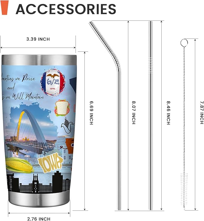 20oz Insulated Tumbler Iowa State Coffee Mug, United States Map Travel Mug Landmark, Birthday Gifts Cute Custom Tumbler Cups with Lid and Straw Mothers Day Gifts