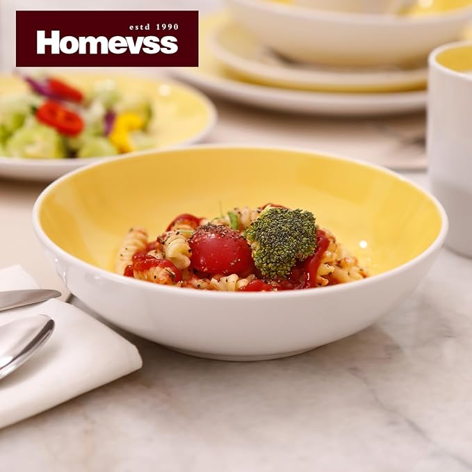 Stoneware Coupe Shape 12pc Dinnerware Set, Outside White + Inside Yellow