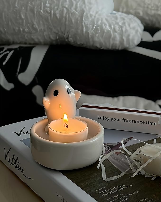 Ghost Candle Holder with Tea Light Candle, Cute Ceramic Ghost Tea Light Candle Holders, Handmade Candlestick, Halloween Decor, Gift for Girls Lovers Women, Scented Candle Included