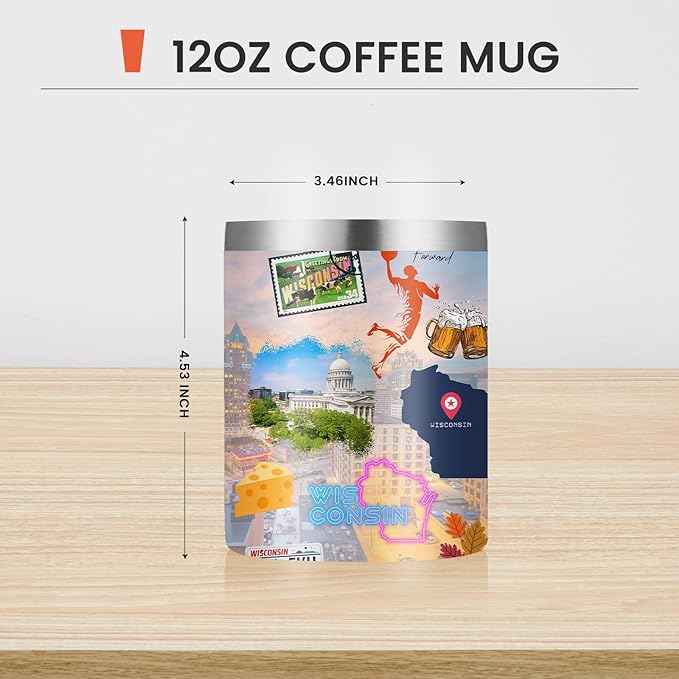 12oz Coffee Mug Wisconsin State Insulated Coffee Cups, United States Map Travel Mug Landmark, Birthday Gifts Cute Mugs with Lid and Straw Gifts for Mom