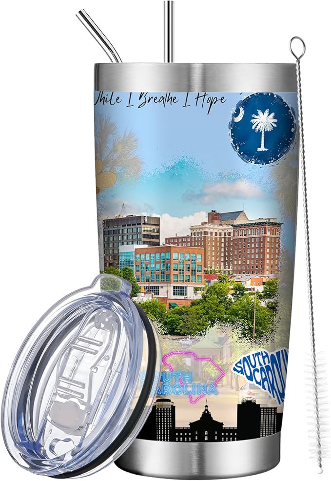20oz Insulated Tumbler South Carolina State Coffee Mug, United States Map Travel Mug Landmark, Birthday Gifts Cute Custom Tumbler Cups with Lid and Straw Gifts for Mom