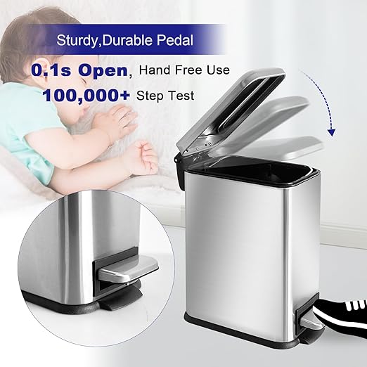 1.3 Gallon Trash Can with lid, Stainless Steel Garbage Can, Finger Proof, Pedal Trash Can for Bathroom, Bedroom, Home Office, Small Waste Bin 5 Liters, Silver