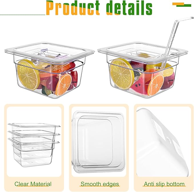 6 Pack Plastic Clear Food Pans with Lids, 1/6 Size 4'' Deep Commercial Stackable Polycarbonate Pans Hotel Food Storage Pan with 1 Pcs Spoon for Fruits Vegetables