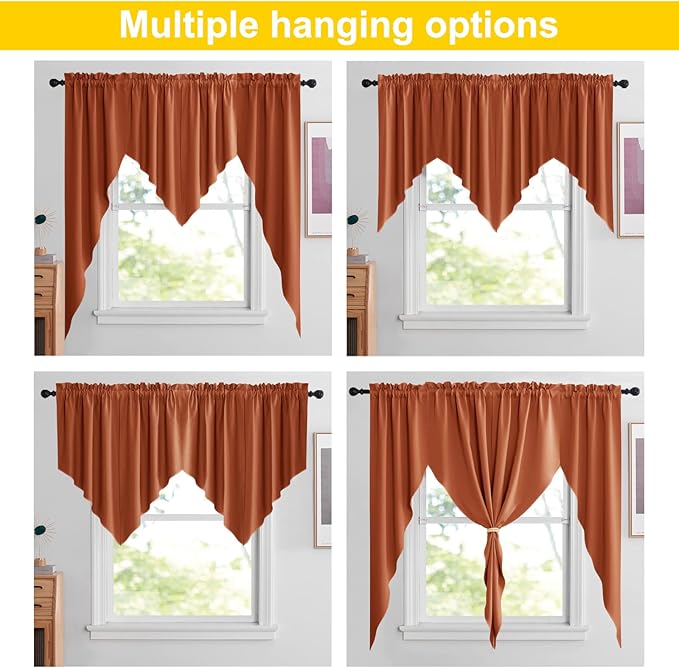 NICETOWN Swag Blackout Curtains for Bathroom, Farmhouse Style Kitchen Curtains for Windows, Thermal Insuated Waterfall Curtain Drapes for Living Room, 2 PCs, 36" x 63" x 18" per Panel, Burnt Orange