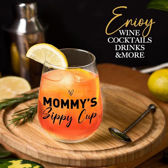 Mommy Daddy's Sippy Glass Cup for New Mom, Dad, Funny unique Gifts for Parents, Stemless Wine Glass and Whiskey Glass Gifts for Couples,Parents,Women,Men,Mom,Dad