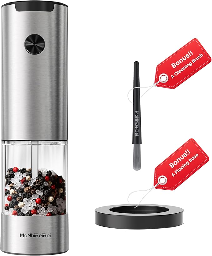 Electric Salt and Pepper Grinder One-hand Operated, Adjustable Coarseness, Stainless Steel body Ceramic Burrs,Pepper Shakers Mills with LED Light,House Warming Cooking Gift