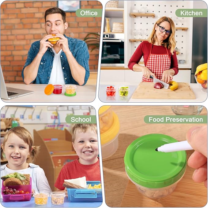 4 oz Small Plastic Containers with Lids, 12 Pack Stackable Small Freezer Container, Reusable 1/2 Cup Food Containers for Snack Puree Fruit, with Pen and Brush, Microwave & Dishwasher Safe