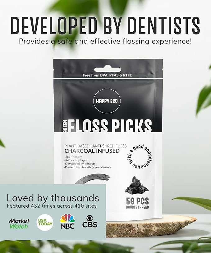 Dental Floss Picks (200pcs) - Flossers for Adults, Vegan Corn-Straw Handle, Superior Oral Care & Anti-Shred Thread, Dental Hygiene, Tooth Pick Sticks, Teeth & Gum Health (Charcoal, Double Thread)