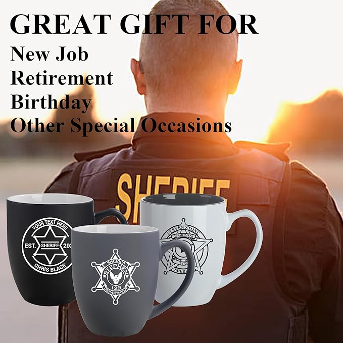 Personalized Coffee Mug with Sheriff Badge for Law Enforcement, Custom Name and Number, 16oz Engraved Coffee Cup, Custom Sheriff Gift For Men Dad Father's Day PD Police Officer