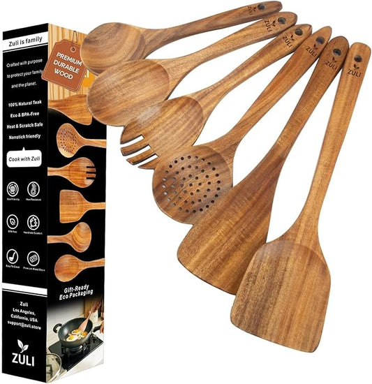 6-Piece Teak Wooden Cooking Utensil Set – Spoons & Spatulas for Nonstick Cookware, Eco-Friendly Kitchen Tools, Gift-Ready & Durable