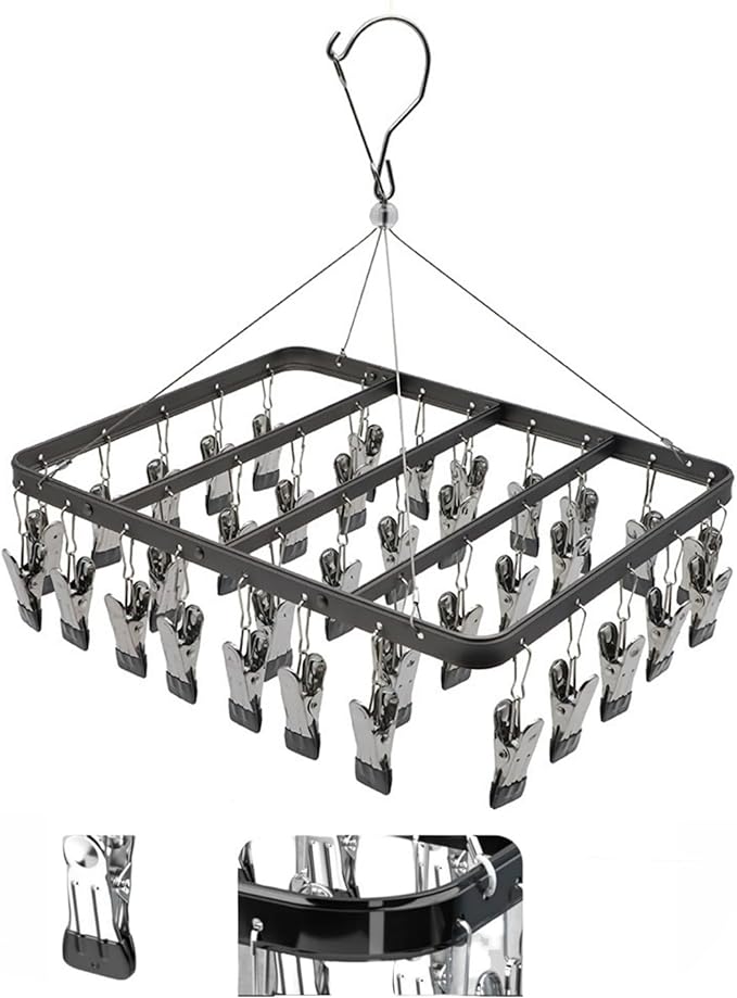Clothes Drying Racks Clip Hangers Metal with 36 Clips Windproof Hook Underwear Hanger Foldable Laundry Clip for Socks Bras Black