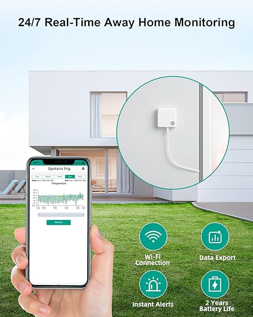 MOCREO WiFi Thermometer Freezer Alarm, Email Alert, App Notification, Data Record Export, No Subscription Fee, Remote Wireless Temperature Sensor for Refrigerator, Freezer, Hot Tub (2 Pack)