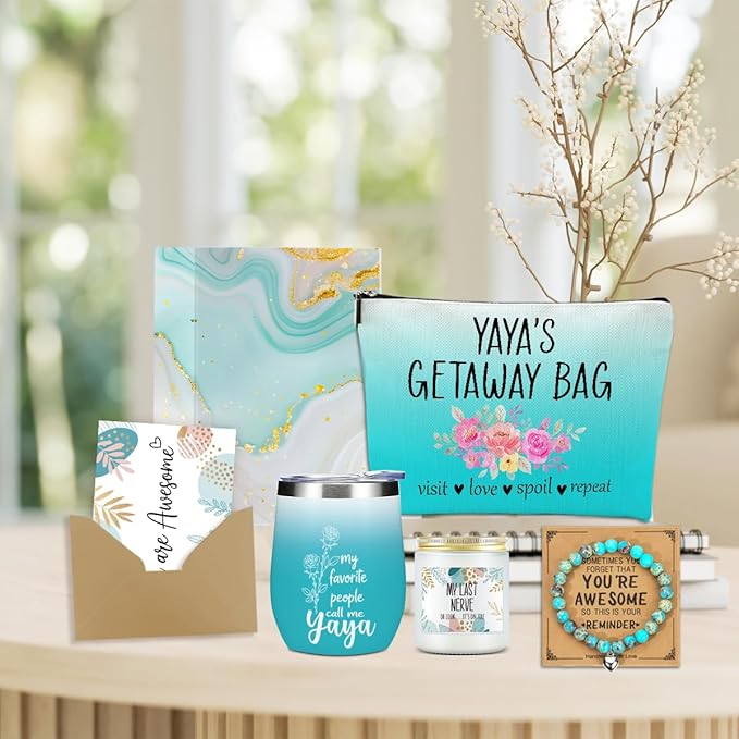 Yaya Grandma Gifts,Grandma Birthday Gifts, Funny Christmas Appreciation Thank You Gift for Women Grandmother Nana Mimi Mothers Day Wine Tumbler Makeup Bag Bracelet Scented Candle Set with Gift Box