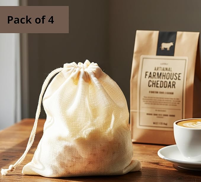PurpleEssences Empty Spice Bags for Cooking Soup - Natural Unbleached Cotton Muslin Drawstring Cheesecloth Bags for Tea, Herbs, Bone Broth, Cold Brew & Straining - Natural (4, 4 x 6 Inch)